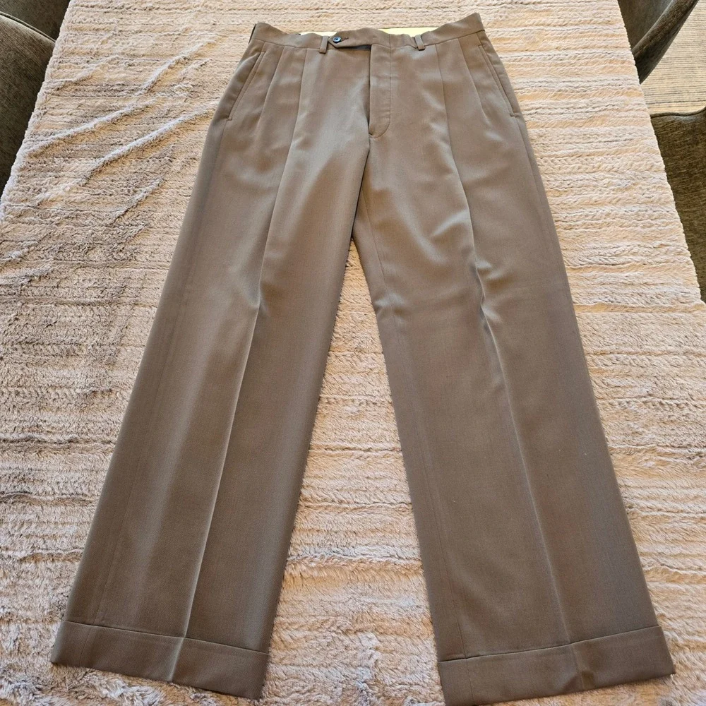 Brooks Brothers Makers Mens 33 Wool Pleated Cuffed Dress Pants Olive Taupe USA